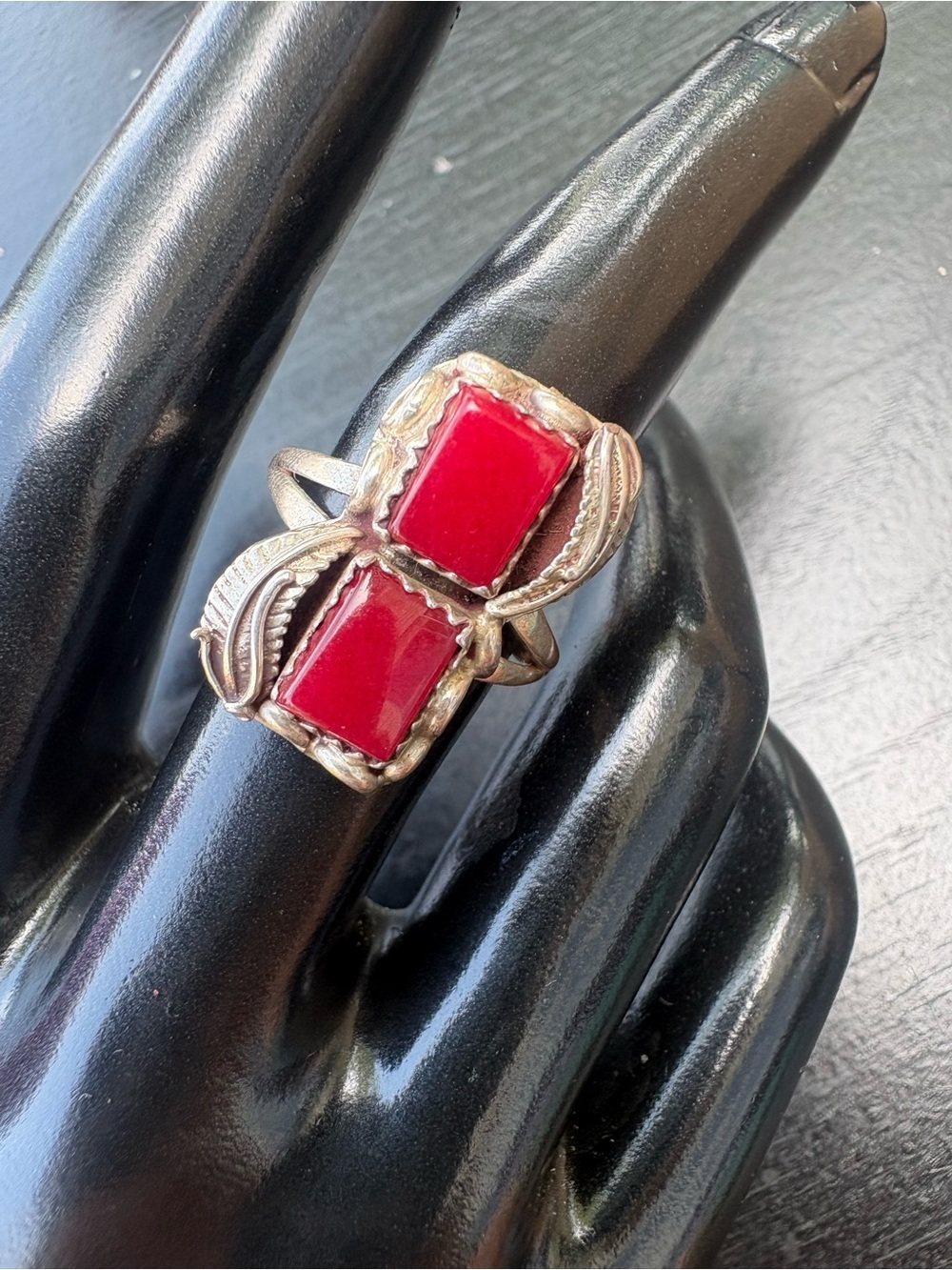 Southwest Style Ring with Red Stones and Feather Accents - Size 7.25